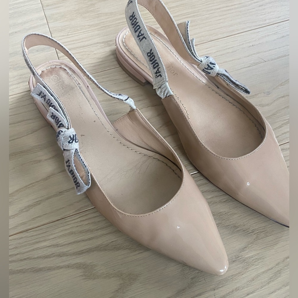 Dior Nude Patent Leather Flats with Logo Bow